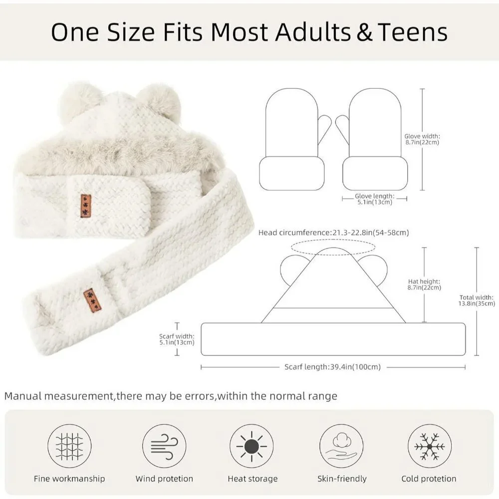 Women's White Hooded Scarf Cute Bear Ear Hat Faux Fur Gloves Set Soft